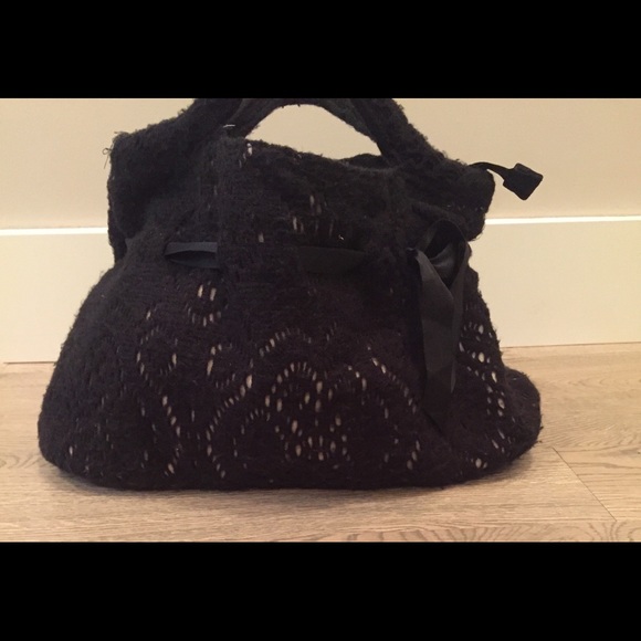Luna Llena Black Crochet Knit Bag Purse w Ribbon - Picture 6 of 14